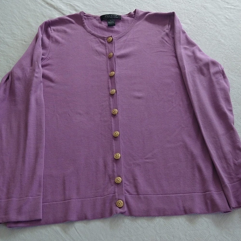C'est city orchid purple cardigan minimal gold buttons large